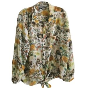 NY Collection Woman Plus Size 3X Blouse Top Floral Sheer Waost Tie Yellow Gold